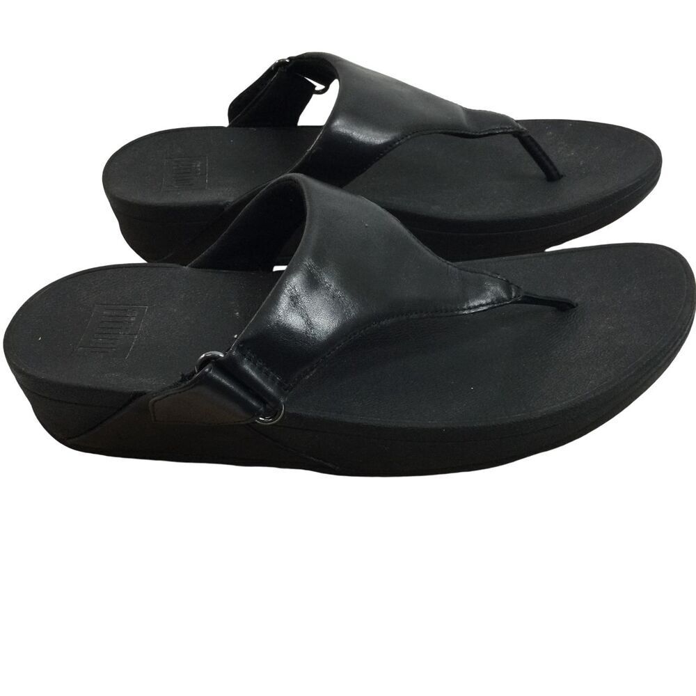Fitflop Womens Sarna Thongs T-Strap Wedge Low Heel Slip On Leather Sandals Black